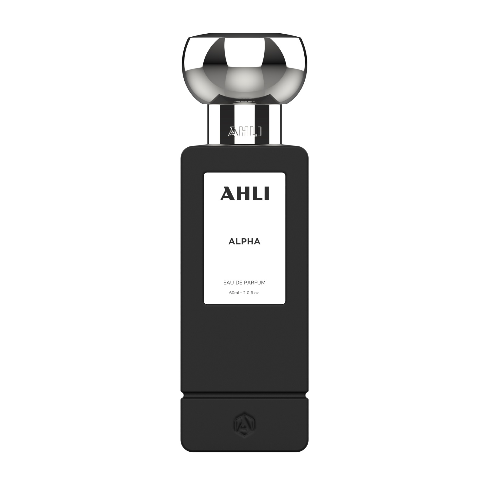 Frasco AHLI de vidrio negro mate con tapa metálica facetada y etiqueta marfil, 60 ml